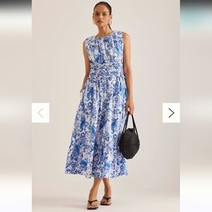 Anthropologie Sleeveless Poplin Smocked Midi Dress 100% Cotton Blur Bird Floral